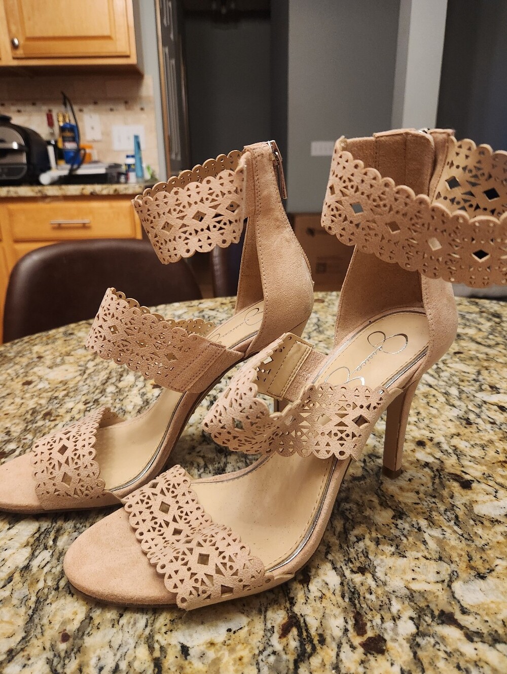 Jessica Simpson Blush Laser-Cut Ankle Strap Heels, Size 7.5